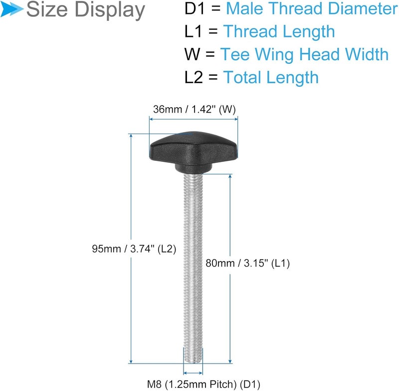 CoCud Tee Wing Knobs Thumb Screw, M8 x 80mm Male Thread, Plastic T Thumb Clamping Screw Threaded Stud Hand Knobs Grip, (Applications: for Machinery Lathes), 4-Pieces - Image 2